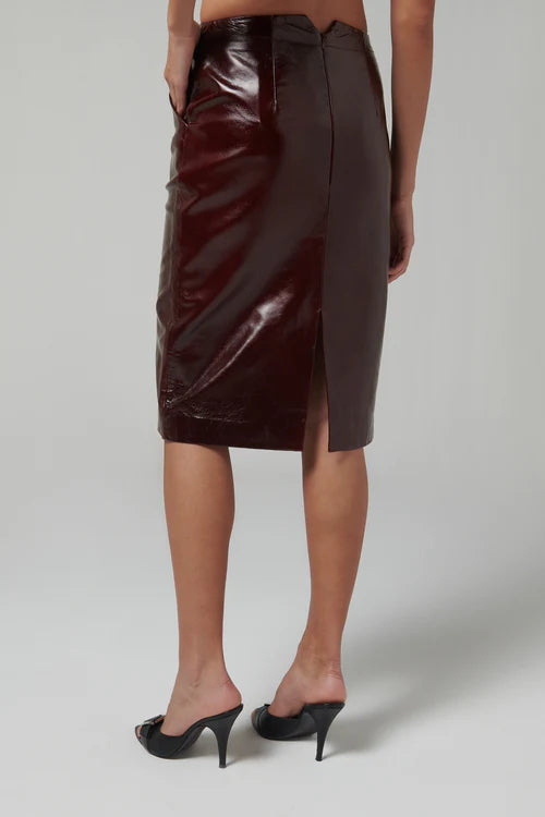 REMAIN burgundy leather midi skirt