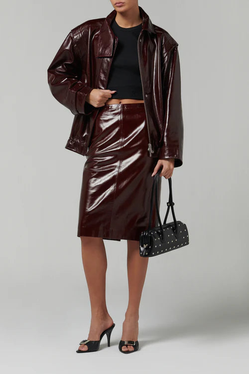 REMAIN burgundy leather midi skirt